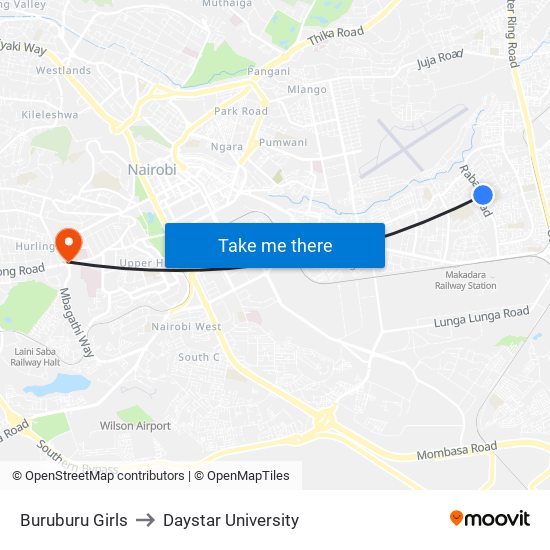 Buruburu Girls to Daystar University map