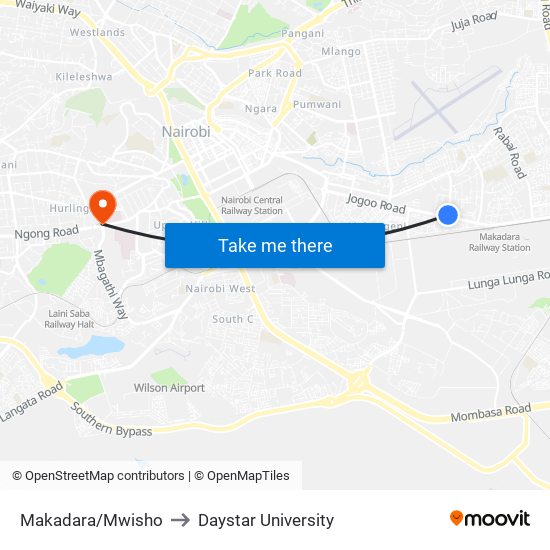 Makadara/Mwisho to Daystar University map