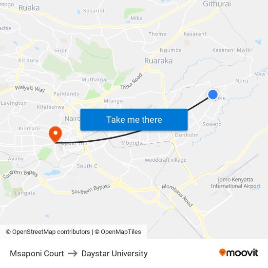 Msaponi Court to Daystar University map