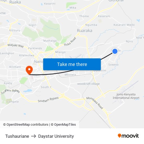 Tushauriane to Daystar University map