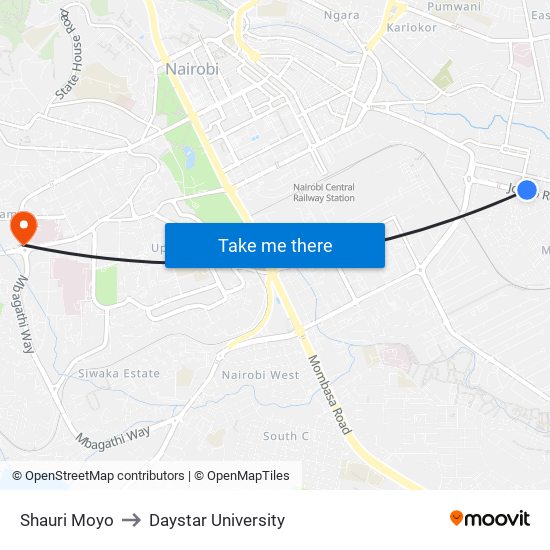 Shauri Moyo to Daystar University map