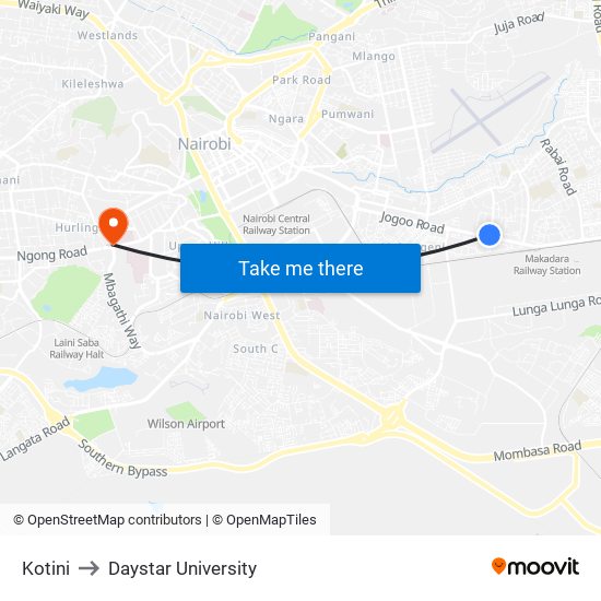 Kotini to Daystar University map