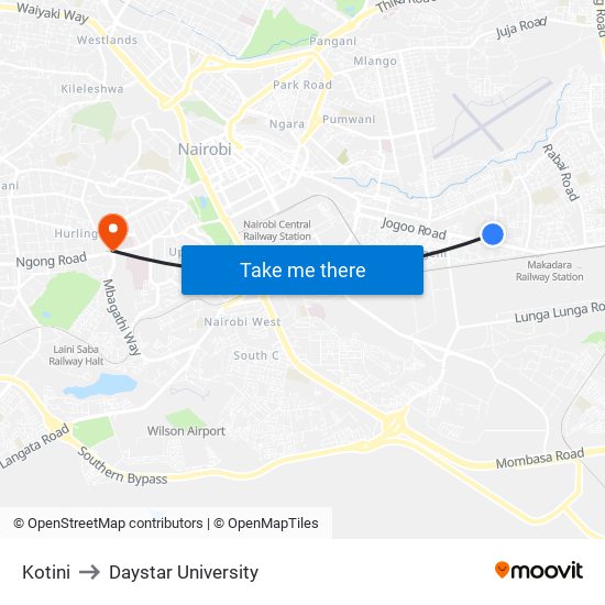 Kotini to Daystar University map