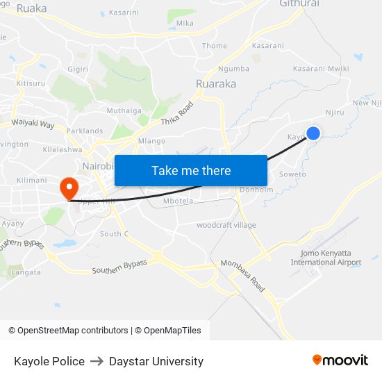 Kayole Police to Daystar University map