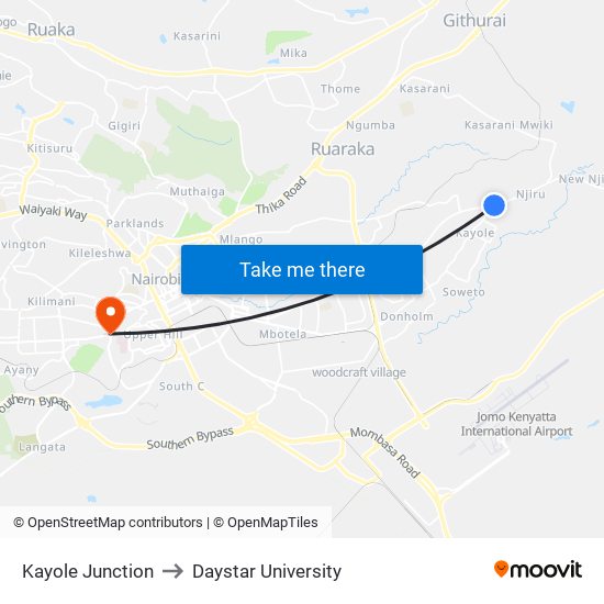 Kayole Junction to Daystar University map