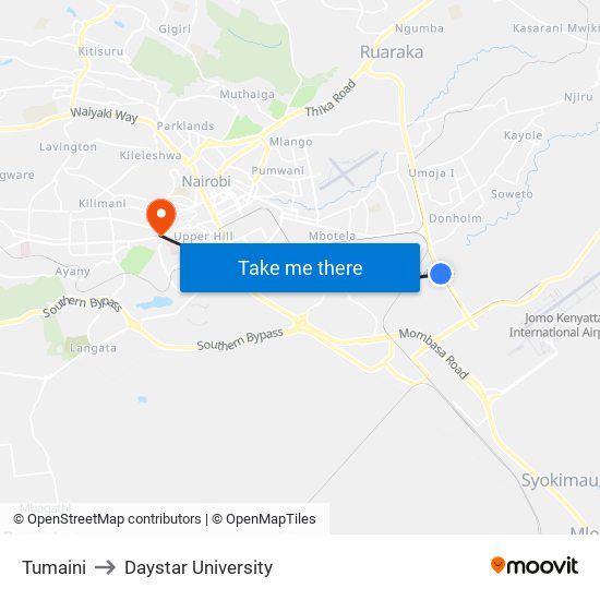 Tumaini to Daystar University map