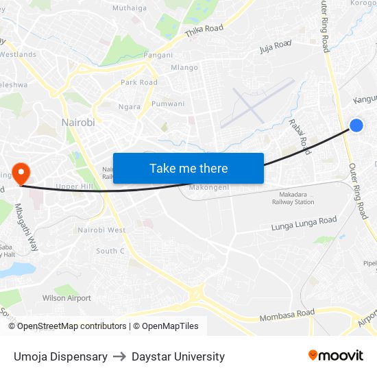 Umoja Dispensary to Daystar University map