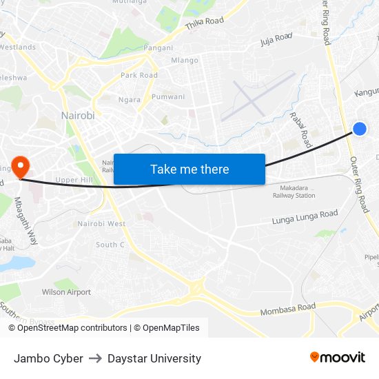 Jambo Cyber to Daystar University map