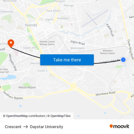 Crescent to Daystar University map