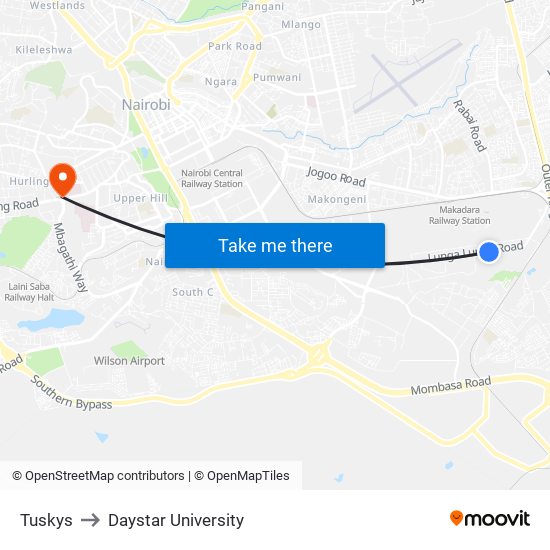 Tuskys to Daystar University map