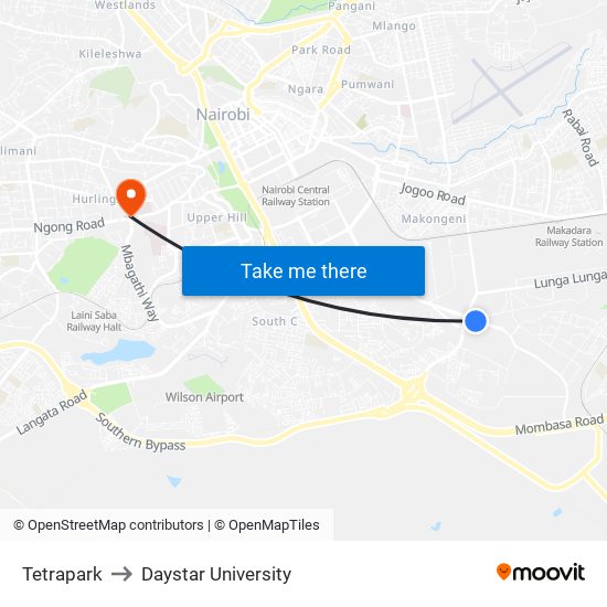 Tetrapark to Daystar University map