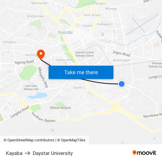 Kayaba to Daystar University map