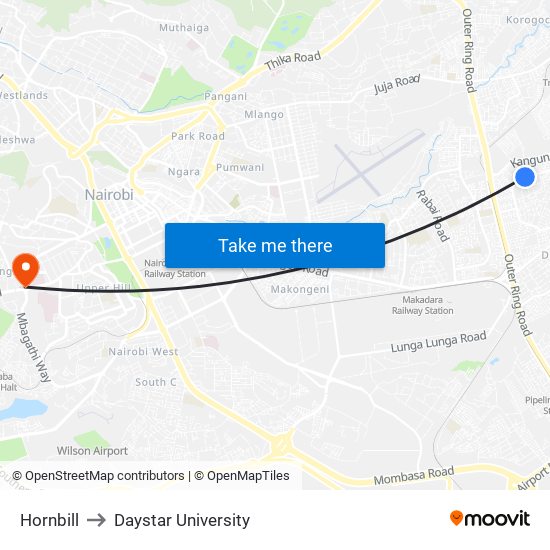 Hornbill to Daystar University map