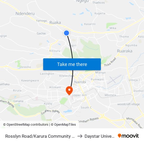 Rosslyn Road/Karura Community Chapel to Daystar University map