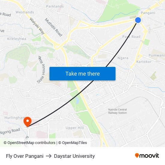 Fly Over Pangani to Daystar University map