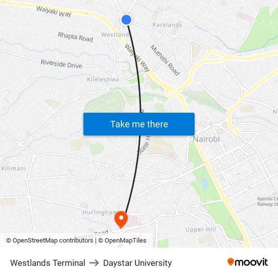 Westlands Terminal to Daystar University map