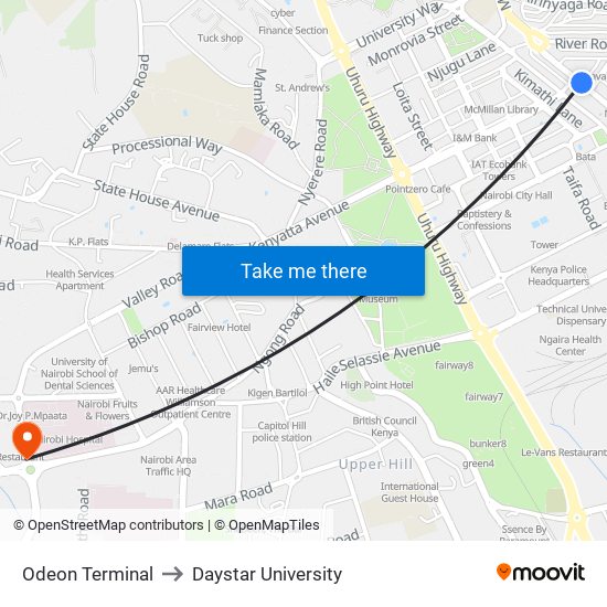 Odeon Terminal to Daystar University map
