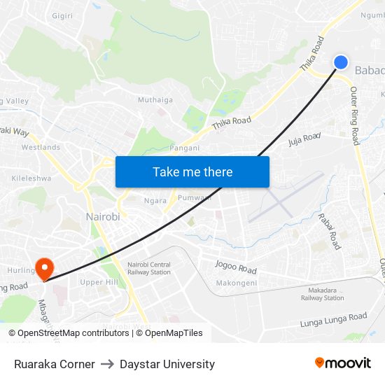 Ruaraka Corner to Daystar University map