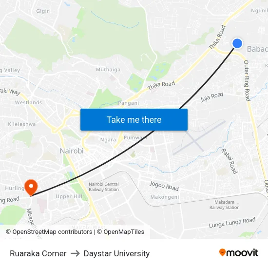 Ruaraka Corner to Daystar University map