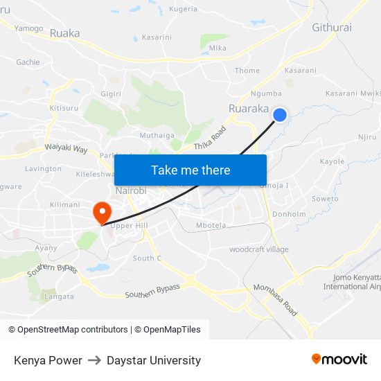 Kenya Power to Daystar University map