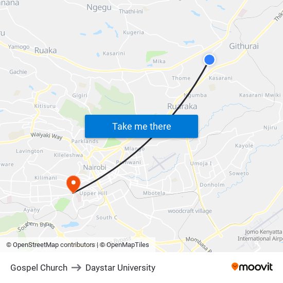 Gospel Church to Daystar University map