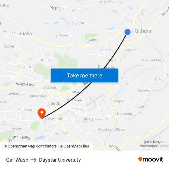 Car Wash to Daystar University map