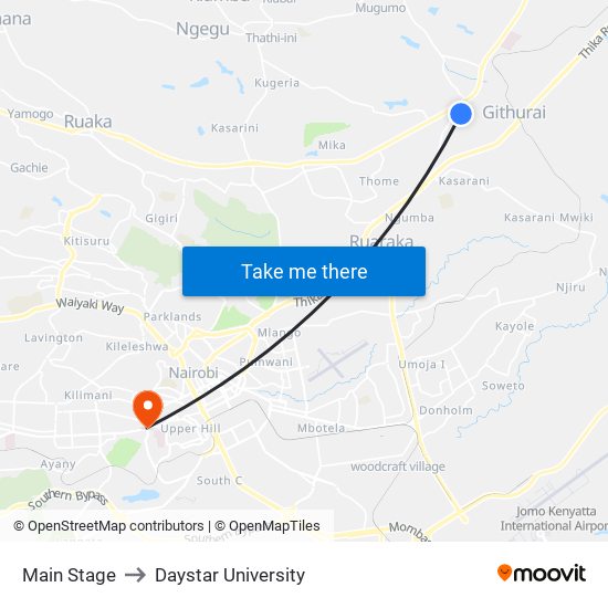 Main Stage to Daystar University map