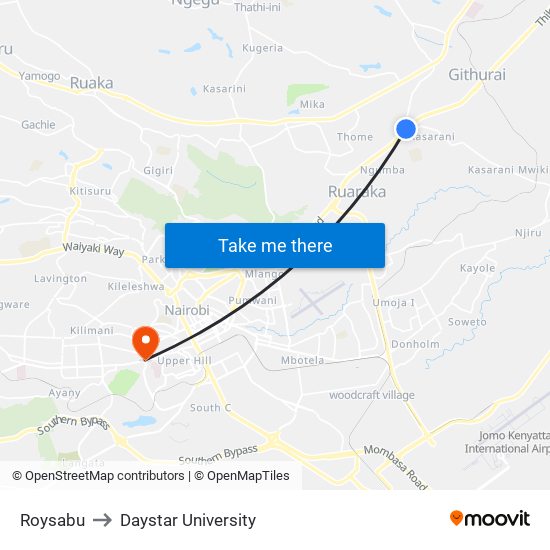 Roysabu to Daystar University map