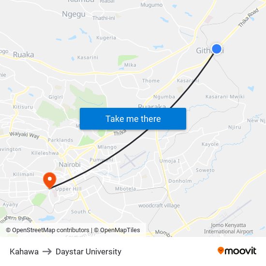 Kahawa to Daystar University map