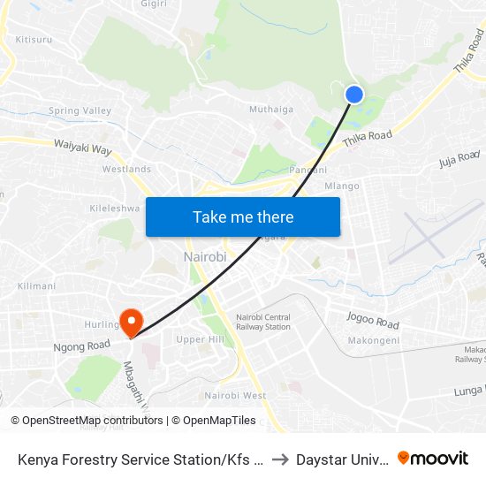 Kenya Forestry Service Station/Kfs Karura Gate to Daystar University map