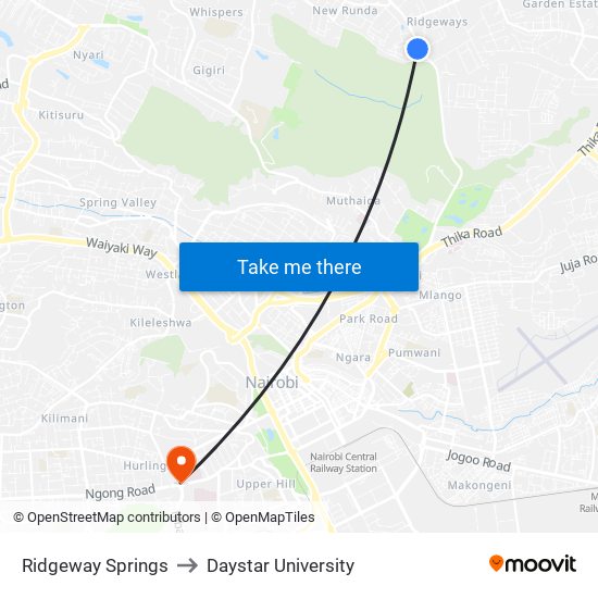 Ridgeway Springs to Daystar University map