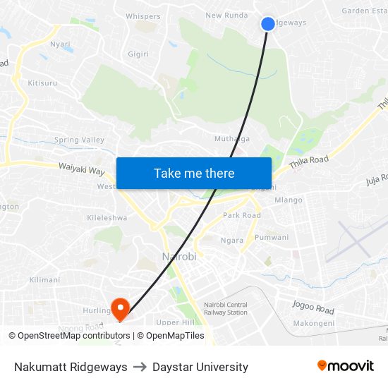 Nakumatt Ridgeways to Daystar University map