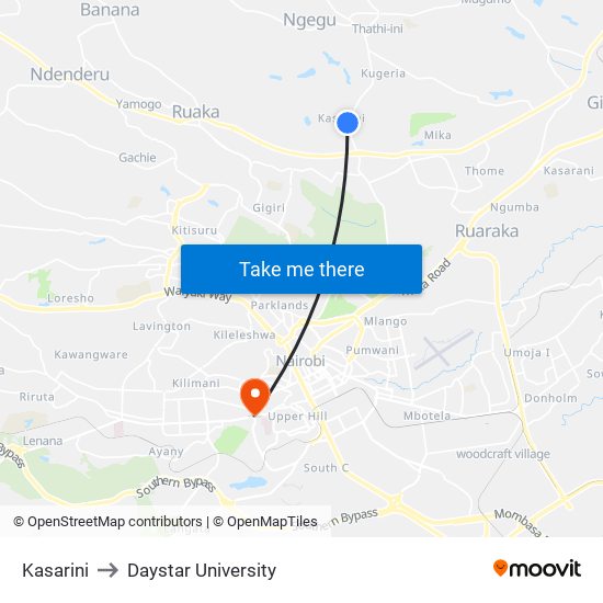 Kasarini to Daystar University map