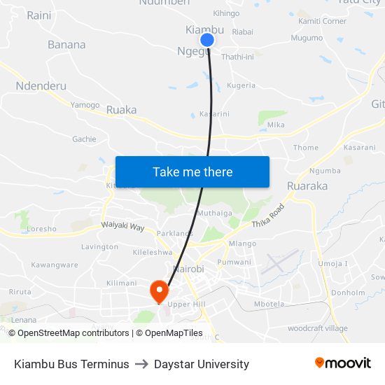 Kiambu Bus Terminus to Daystar University map