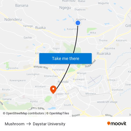 Mushroom to Daystar University map