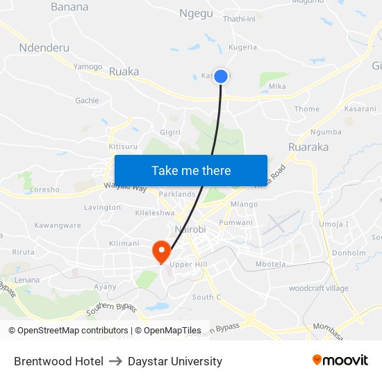 Brentwood Hotel to Daystar University map