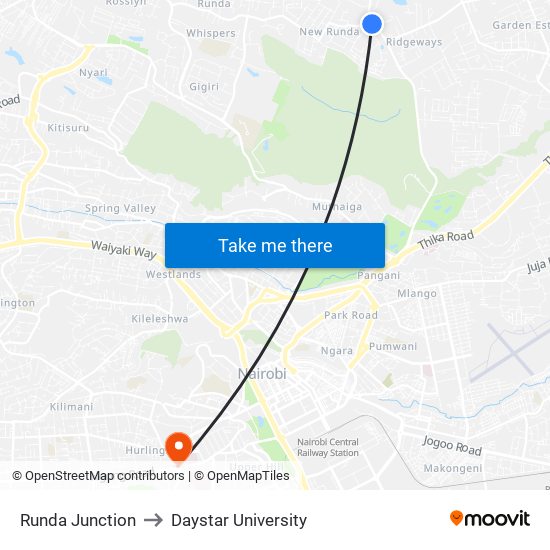 Runda Junction to Daystar University map