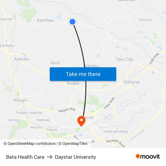 Beta Health Care to Daystar University map