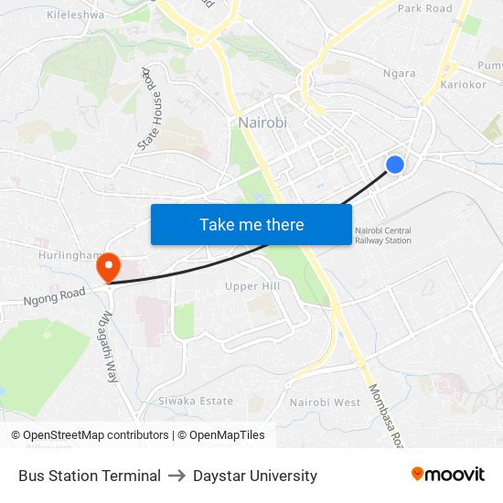 Bus Station Terminal to Daystar University map