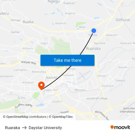 Ruaraka to Daystar University map