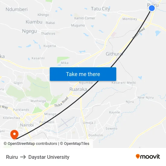 Ruiru to Daystar University map