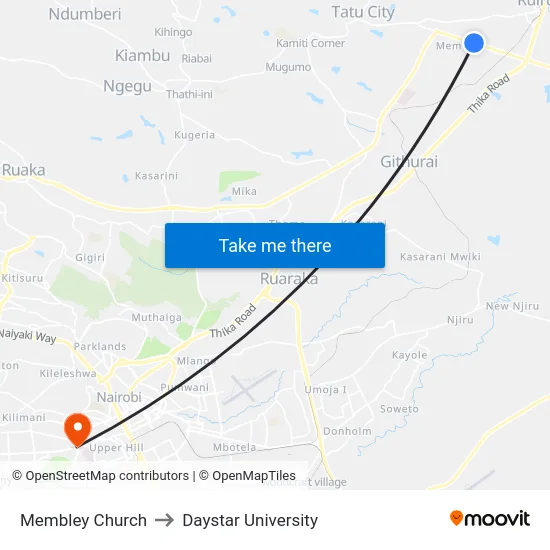 Membley Church to Daystar University map