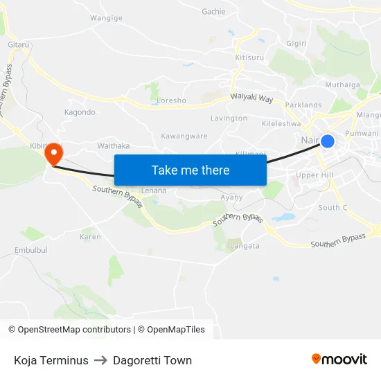 Koja Terminus to Dagoretti Town map