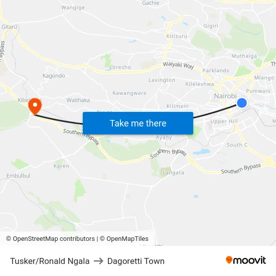 Tusker/Ronald Ngala to Dagoretti Town map
