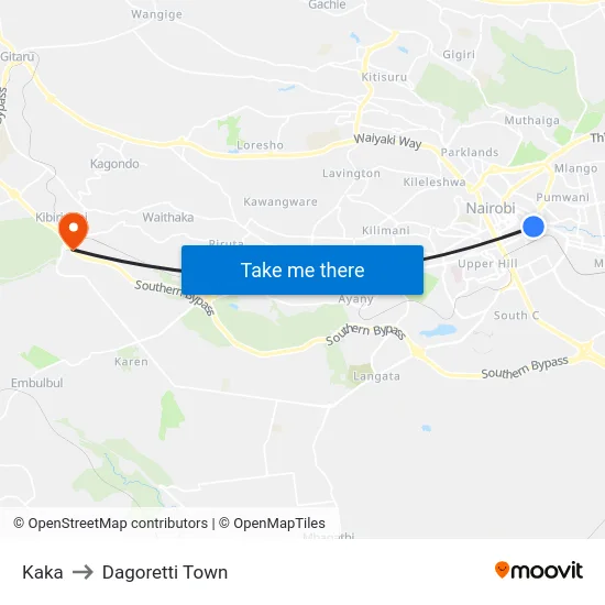 Kaka to Dagoretti Town map