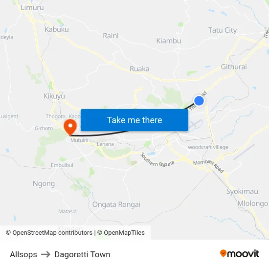 Allsops to Dagoretti Town map