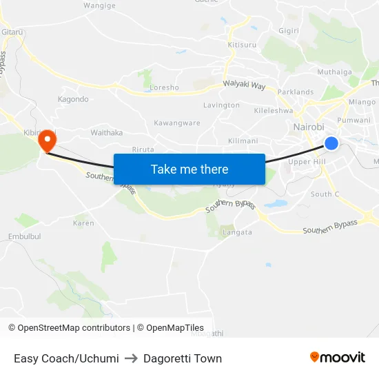 Easy Coach/Uchumi to Dagoretti Town map