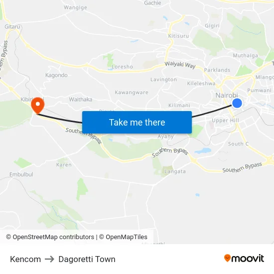 Kencom to Dagoretti Town map