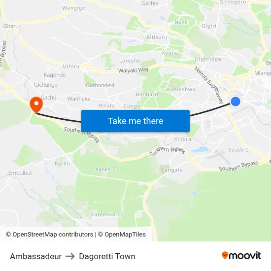 Ambassadeur to Dagoretti Town map