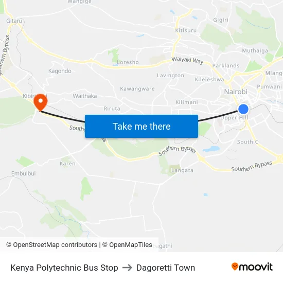 Kenya Polytechnic Bus Stop to Dagoretti Town map